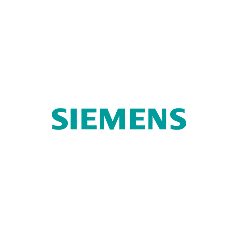 Siemens logo in teal text on a white rectangle over a green background.