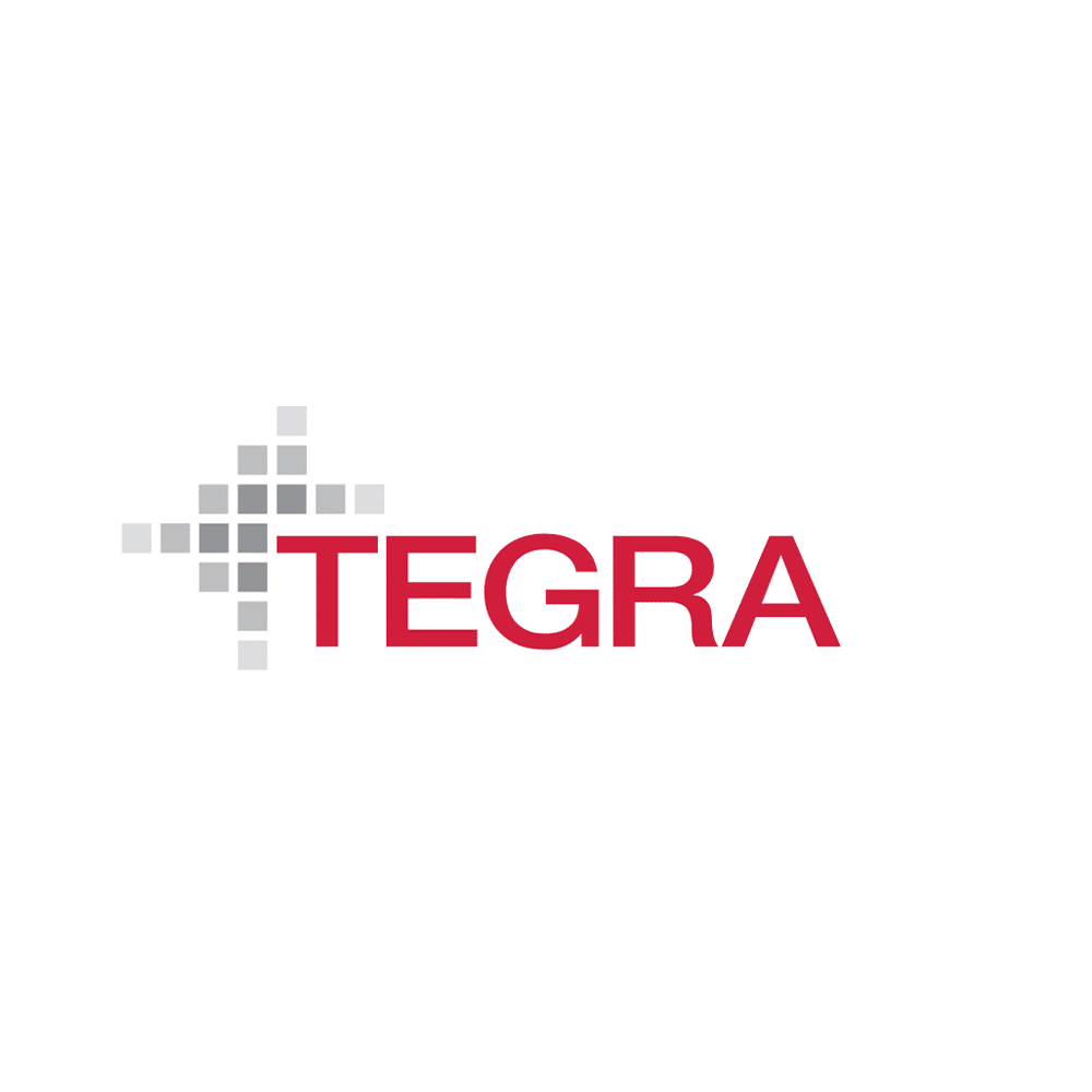 TEGRA logo with red text and a gray pixel mosaic on the left against a white background